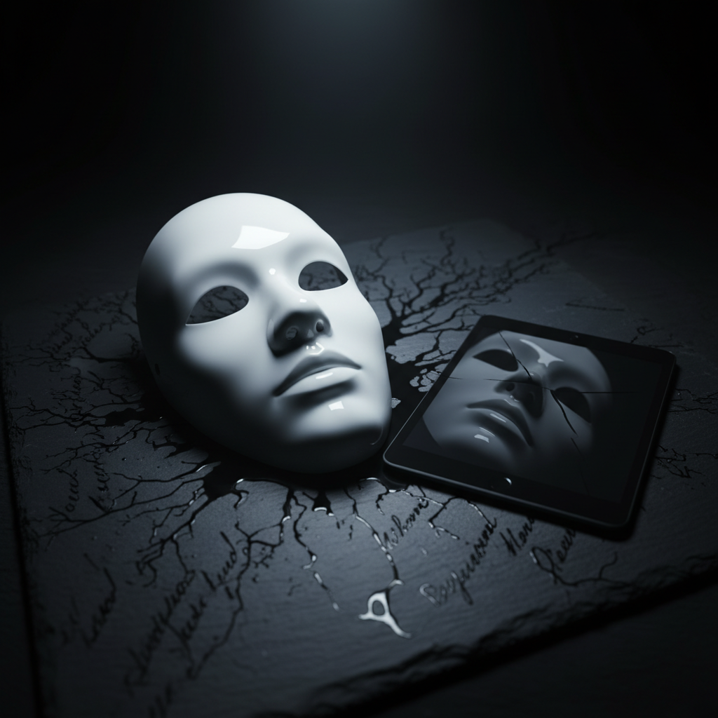 A pristine white porcelain mask, expressionless yet subtly unsettling, lying in a shallow pool of spilled ink across a dark slate surface. The ink radiates outwards in branching tendrils, some forming the faint suggestion of handwritten words dissolving at their edges. A closed, matte-black tablet sits nearby, its screen reflecting a distorted fragment of the mask. A narrow beam of cool, overhead spotlighting cuts through surrounding gloom, creating sharp contrasts and glossy reflections on porcelain and ink. Photographic realism, low-angle close-up with a shallow depth of field, emphasizing the mask and the chaotic ink patterns. The mood is tense and seductive, hinting at shifting identities and the digital consumption of dark, transformative fiction.