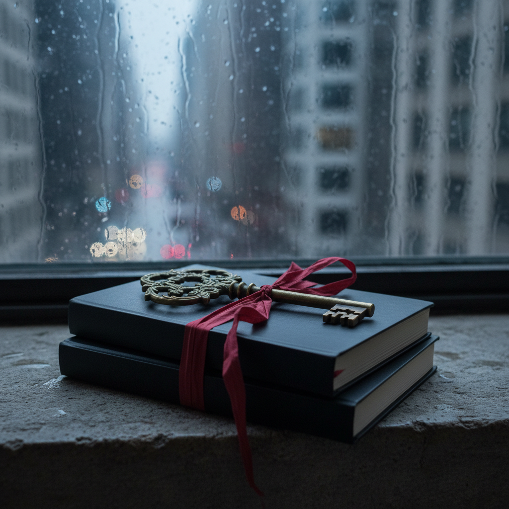 An antique brass key with intricate, baroque engravings resting atop a stack of black, matte-finished notebooks tied together with a fraying crimson ribbon. The stack sits on a worn, stone windowsill slick with a faint sheen of condensation. Beyond the glass, a rainy cityscape is blurred into streaks of silver and charcoal. Cold, diffused twilight seeps through the window, catching the metallic highlights of the key and the subtle texture of the notebooks. Photographic realism, shot from a slightly elevated angle with rule-of-thirds composition, creating a brooding, anticipatory atmosphere, as if this key unlocks hidden chapters of temptation and transformation within serialized stories yet to be read.